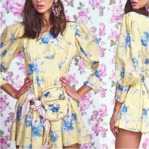 LoveShackFancy Yellow Blue Floral Silk Blend Long Sleeve Ross Short Mini Dress 8 - Picture 1 of 12